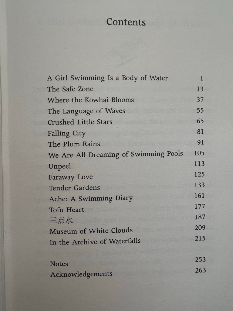 Photo of the table of contents of Small Bodies of Water by Nina Mingya Powles.